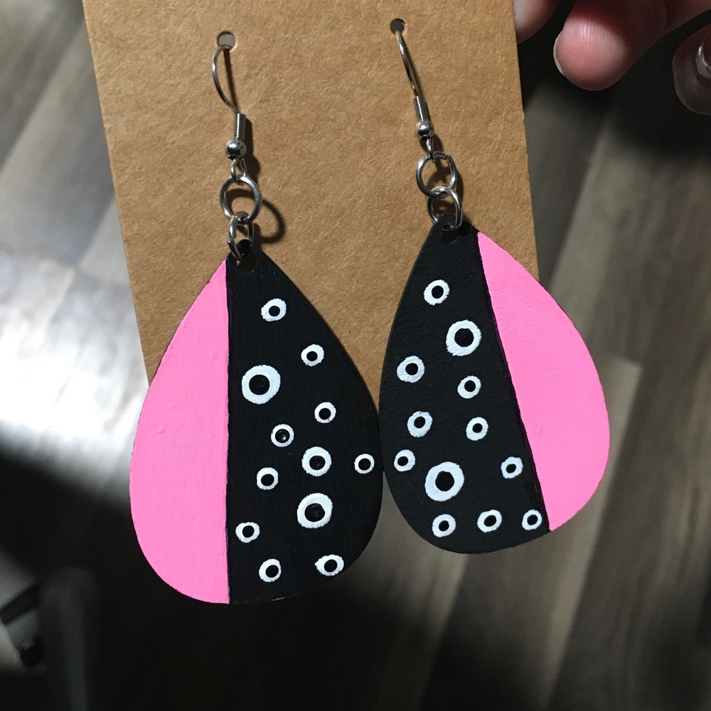 Hand painted pink polka dot earrings